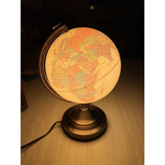 Vintage Illuminated World Globe Lamp With Brass Base